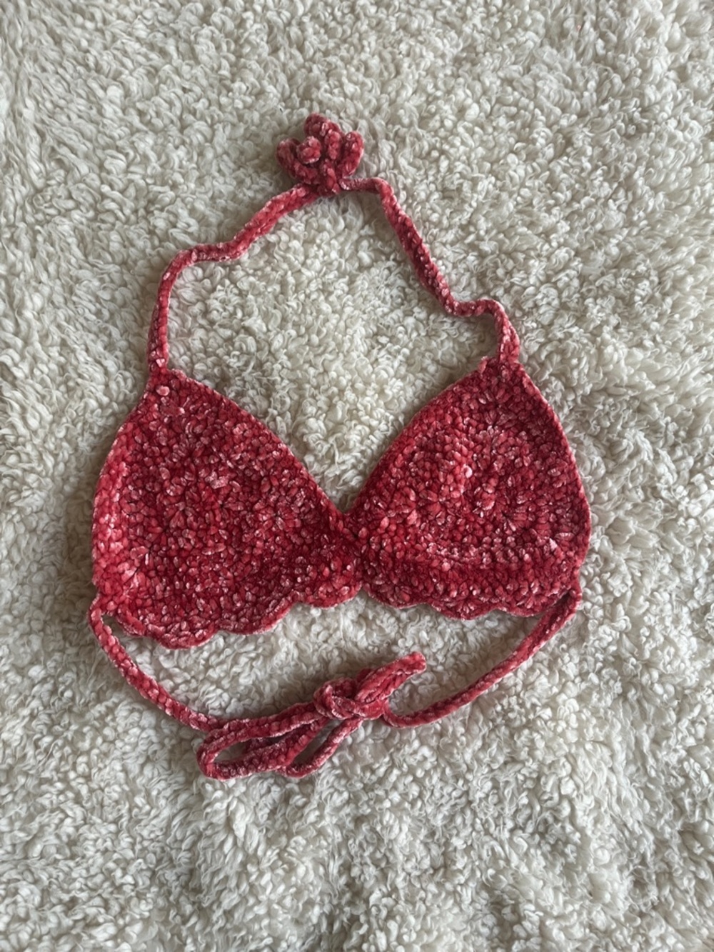 Handmade Crochet Velvet Triangle Bralette Festival Top - Deep Coral Pink
